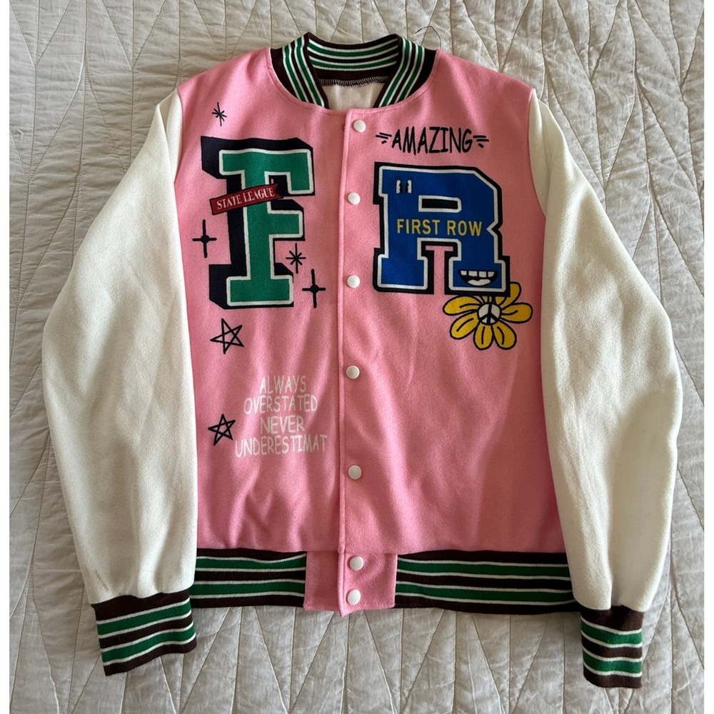 First Row Pink White Graphic Varsity Letterman Jacket Snap Front Streetwear
